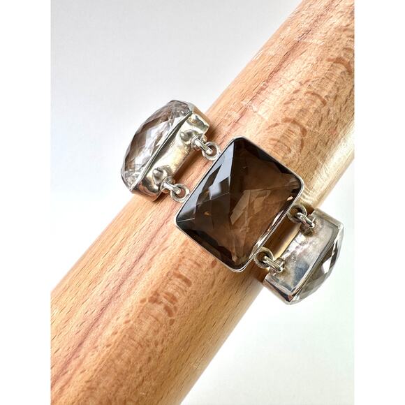 Smokey Quartz Clear Quartz Crystal Bracelet Chunky Handmade 925 Sterling Silver - Picture 6 of 8